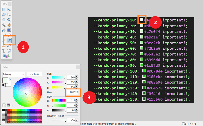 select eye dropper tool, select the color in the adjusted image, find the hexcolor