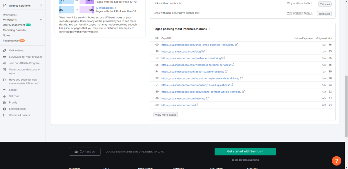 SEMrush LinkRank SEMrush lists pages passing most internal linkrank