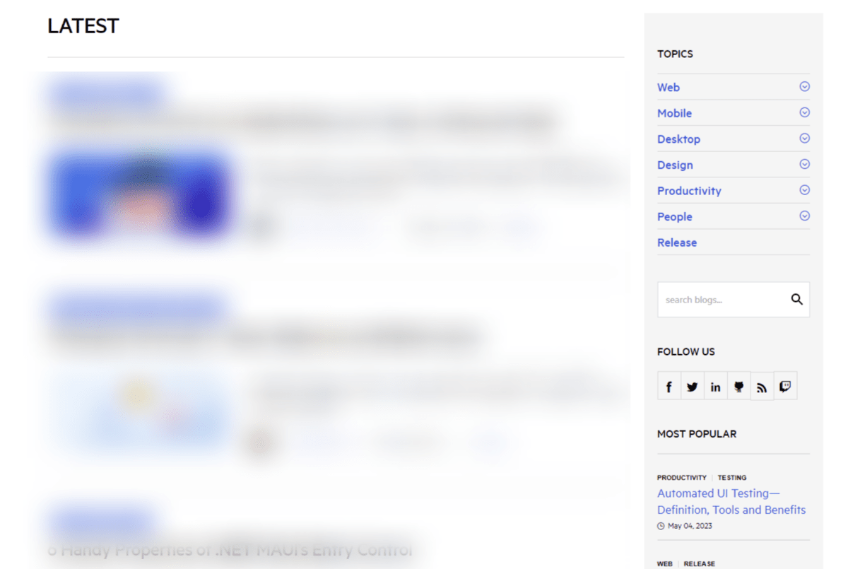Telerik blog links On the Telerik blog, there is a sidebar containing internal links to Topics like Web, Mobile, and Desktop as well as Most Popular posts like “Automated UI Testing — Definition, Tools and Benefits”.