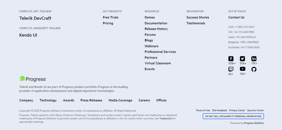 Telerik footer The footer on the Telerik website has internal links to top-level navigation pages along with others related to Resources, Recognition, Contact, company info, and terms of service.
