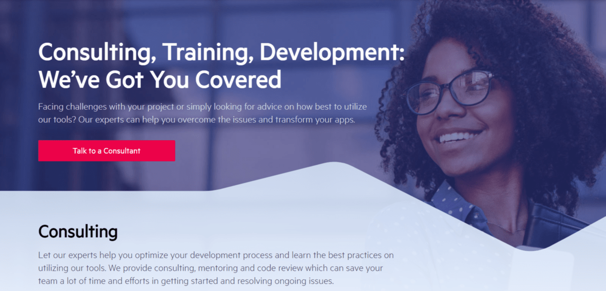 Telerik hero image The hero section on on the “Services” page on the Telerik website shows a happy woman next to text that reads “Consulting, Training, Development: We’ve Got You Covered”. There’s a reddish-pink button below it that says “Talk to a Consultant”.