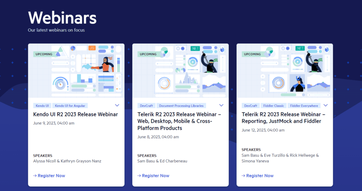 Telerik Webinars list On the Telerik Webinars page are three white rectangular boxes. They contain details for three upcoming webinars related to Kendo and Telerik. When users click anywhere on the box, it takes them to the corresponding registration page.