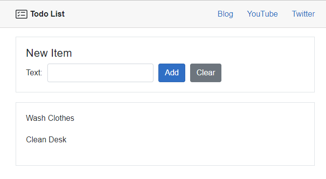Todo App using Blazor WebAssembly with an input field to add new todo items A list of todos and a form to add new todo items with an Add and a Clear button.