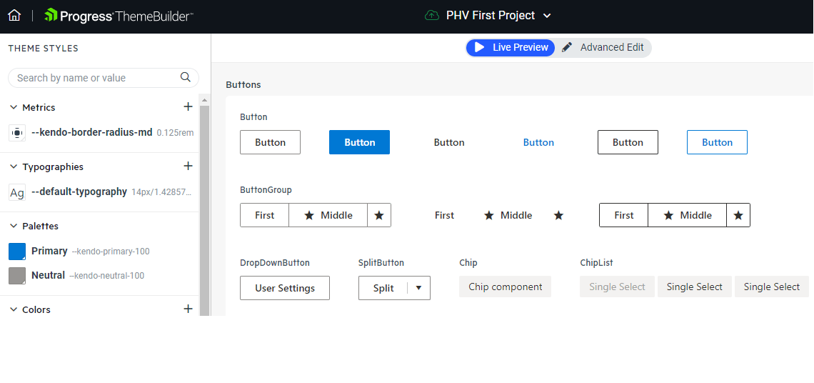 A screenshot of Progress ThemeBuilder site showing a variety of UI widgets in the main area and, down the left side, various theme styles. At the top of the dialog the option that lets the user select ‘Advanced Edit’ has not yet been selected.