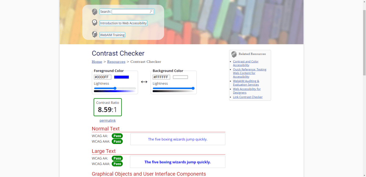 WebAIM Contrast Checker On the WebAIM website is a color contrast checking tool. Users enter the foreground color and background color and the tool provides the contrast ratio down below. This tool can also be used to compare text and non-text link.
