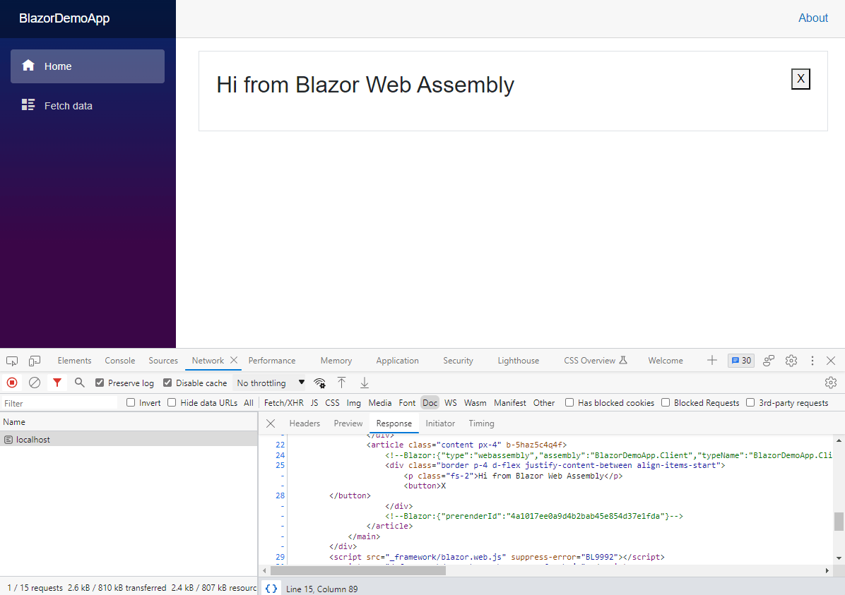 The default Blazor web application layout. There is a banner visible on the page with the text 'Hi from Blazor Web Assembly'. The banner has a close button with an x on it. The Browser's Dev Tools are open and show the HTML for the page, which includes the markup for the banner Blazor SSR Inc Statically Rendered Component