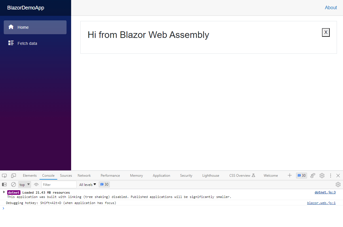 The default Blazor web application layout. There is a banner visible on the page with the text 'Hi from Blazor Web Assembly'. The banner has a close button with an x on it. The Browser's Dev Tools are open and show that Blazor WASM has loaded Blazor SSR Including Child Component