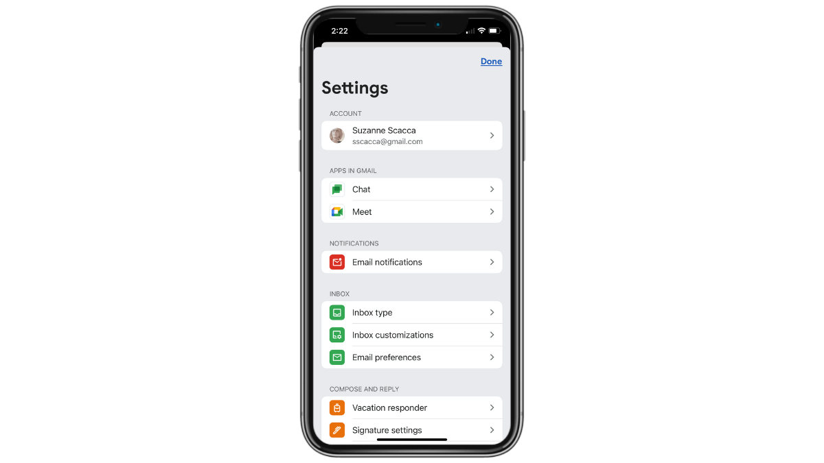 Gmail app settings The Settings panel inside the Gmail mobile app. At the op is a list of 2 apps in Gmail: Chat and Meet. Users are able to disable both if they don’t want to see them in the app.