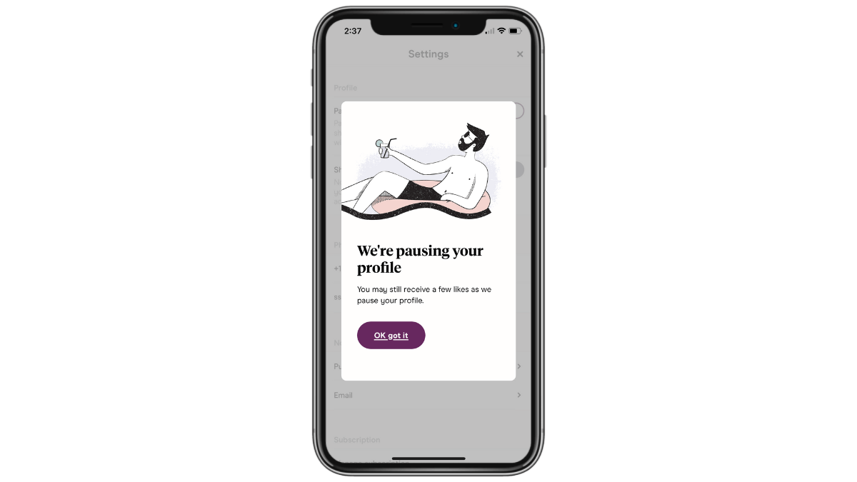 Hinge pause setting Hinge dating app users are able to hit pause on their accounts. They can still log into the app. However, their profiles will be hidden until they’re ready to rejoin the dating ranks.