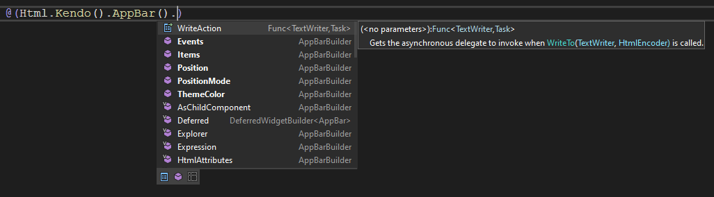 Html.Kendo().Appbar(). suggestion menu includes WriteAction, Events, Items, Position, etc.