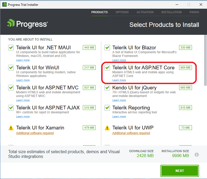 Select products to install includes several Telerik and Kendo UI component libraries - choose at least Telerik UI for ASP.NET Core