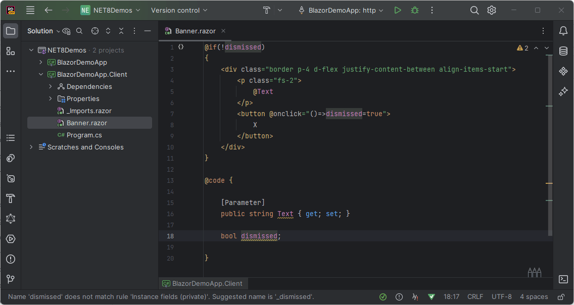A snapshot of JetBrains Rider showing the project solution which includes both a server and client project. A Banner.razor file is highlighted in the solution explorer and open in the main editing pane JetBrains Rider Blazor Projects