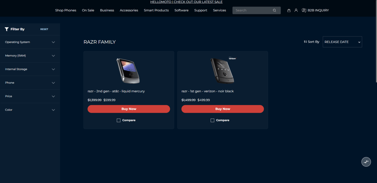 Motorola Razr phone family A screenshot from the Motorola website shows two flip phones in the Razr phone family: the 2nd gen in liquid mercury and the 1st gen in noir black.