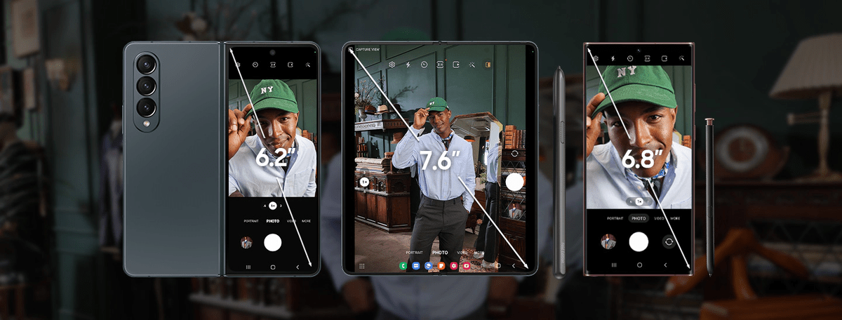 Samsung foldable phone dimensions A photo from the Samsung Galaxy Z Fold4 product page compares the dimensions of the Fold to the S22 Ultra. The Fold’s outer screen has a display of 6.2% while the inner screens are 7.6”. This is compared to the S22 Ultra which is 6.8”.