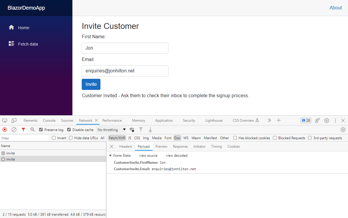 A web page containing a form to invite a user to join the app. The Dev Tools are open and show two requests. The first is a GET request, the second a POST with a Payload containing the values entered into the form SSR Form Post