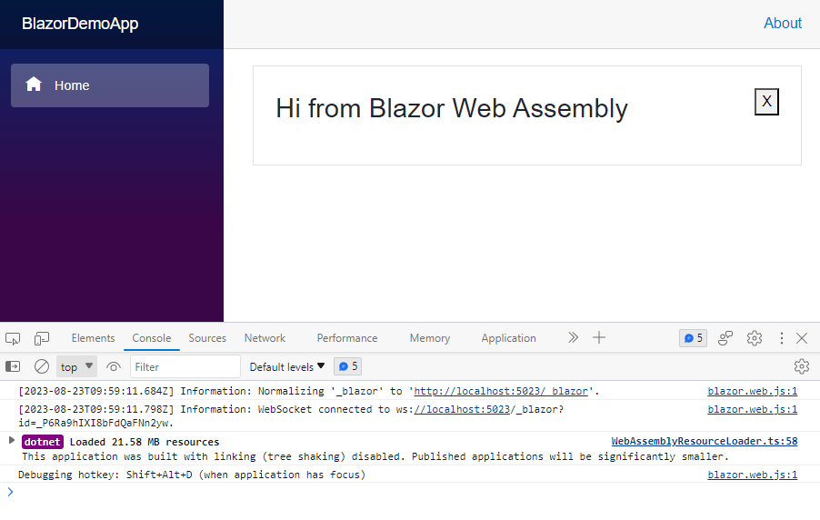 Auto Render Pass 1 A web page which includes a simple banner. The Dev Tools are open and show how Blazor server was used to make the component interactive initially (with a message indicating