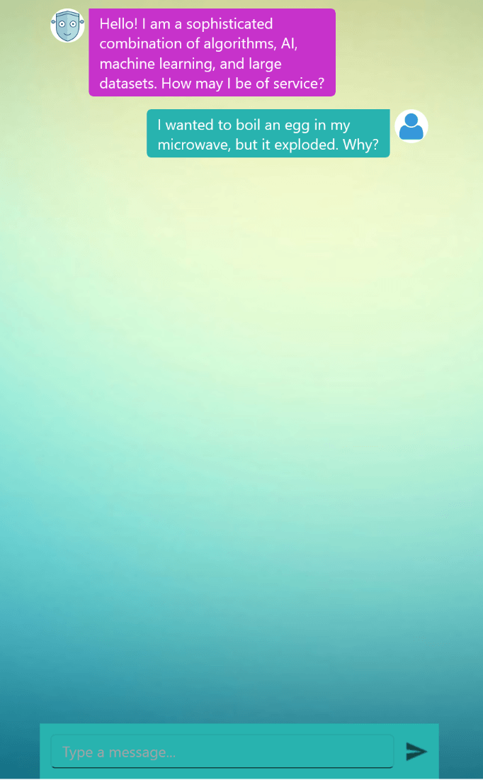 Background of the chat has a yellow to blue gradient and the chatbot message block has a fuschia background while the customer's is teal
