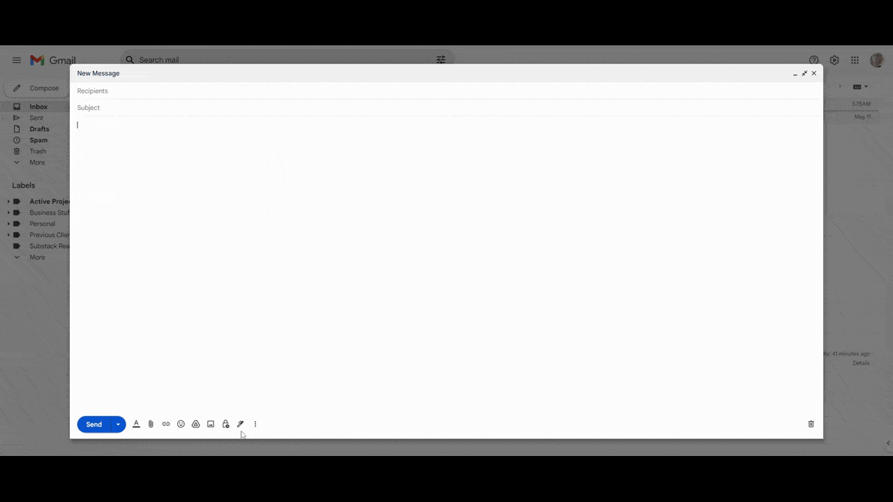 In this GIF, we see an example of how to open the templates folder in Gmail from the More Options button. The user then loads a pre-written message called Pricing for Services. The email loads into the editor, the sender customizes the message, and then they can send it off.