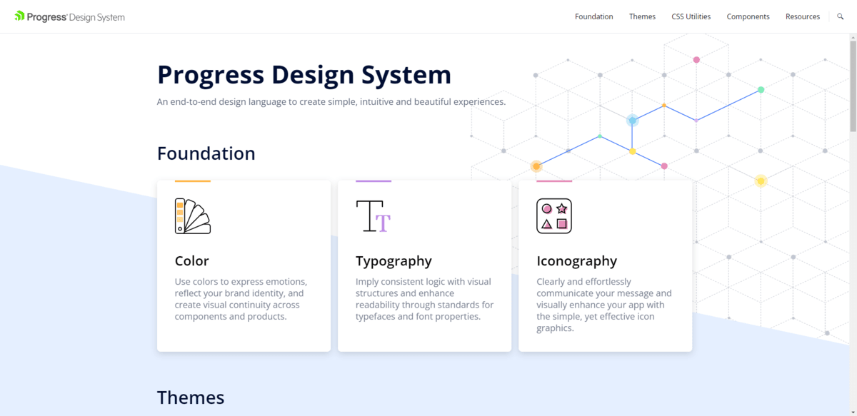 Progress Design System The design system for Progress. It is an end-to-end design language built to create simple, intuitive, and beautiful experiences. It includes foundational elements like color, typography, and iconography, It also includes themes, CSS utilities, components, and resources.