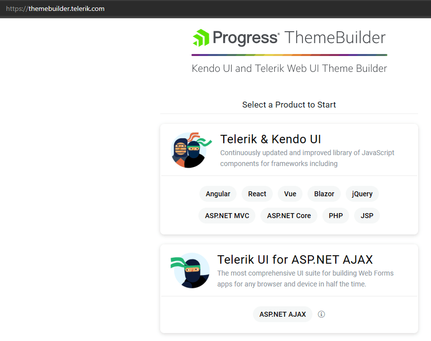 Selecting a project on the Progress ThemeBuilder The Progress ThemeBuilder