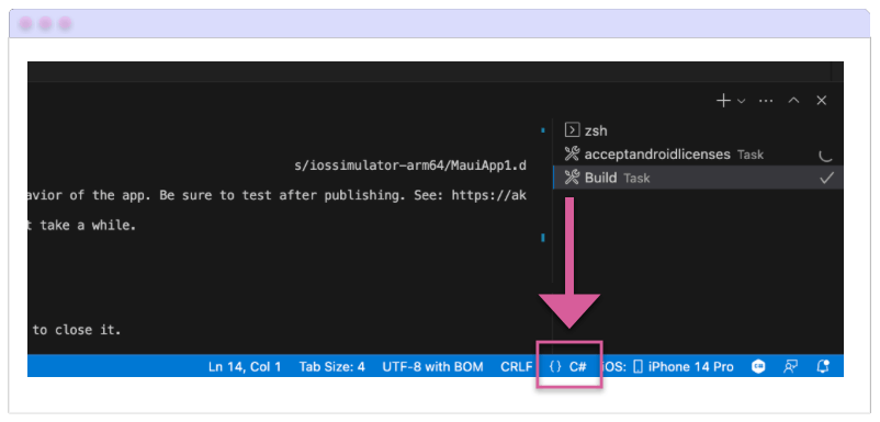 Simulator launching On the bottom bar of the window, C# is highlighted