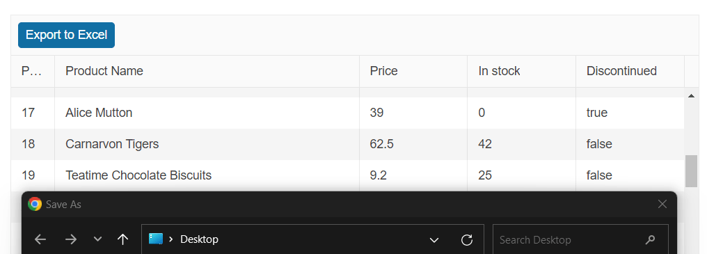 Export to Excel button