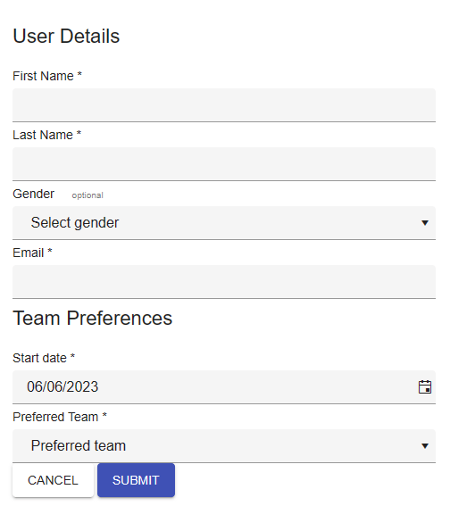 A sample form for user details User Details