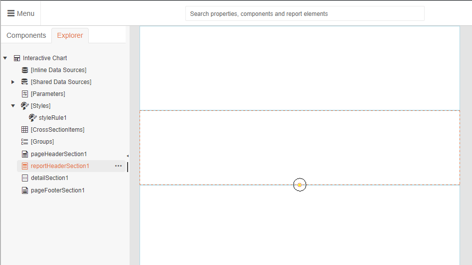 The Web Report Designer showing the Explorer tab on the right and the design area in the middle. The designer is divided into three sections with the middle section selected. The dotted line that forms the bottom of the section has a circle in the middle that is highlight and circled.