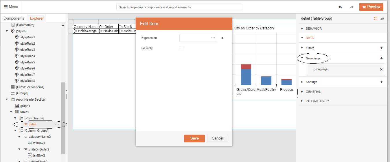 An Edit Item dialog displaying over the designer. In the panel on the left of the designer, the item labelled “detail” under the Row Groups heading is highlighted and circled. In the panel on the right, under the Data heading, the Groupings item is selected. The dialog has a textbox and a checkbox. The textbox is labeled Expression and has three dots on its right end. The checkbox is labelled IsEmpty. The Expression textbox is empty and the IsEmpty checkbox is not checked.