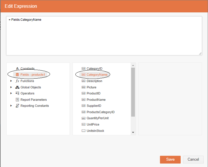 The Edit Expression dialog. There is a large textbox at the top of the dialog which contains the text “=Fields.CategoryName.” Below it on the left is a listbox containing headings. The Fields heading is selected and circled. To the right of that list is another list with the names of the fields in the data source. The CategoryName field is highlighted and circled.