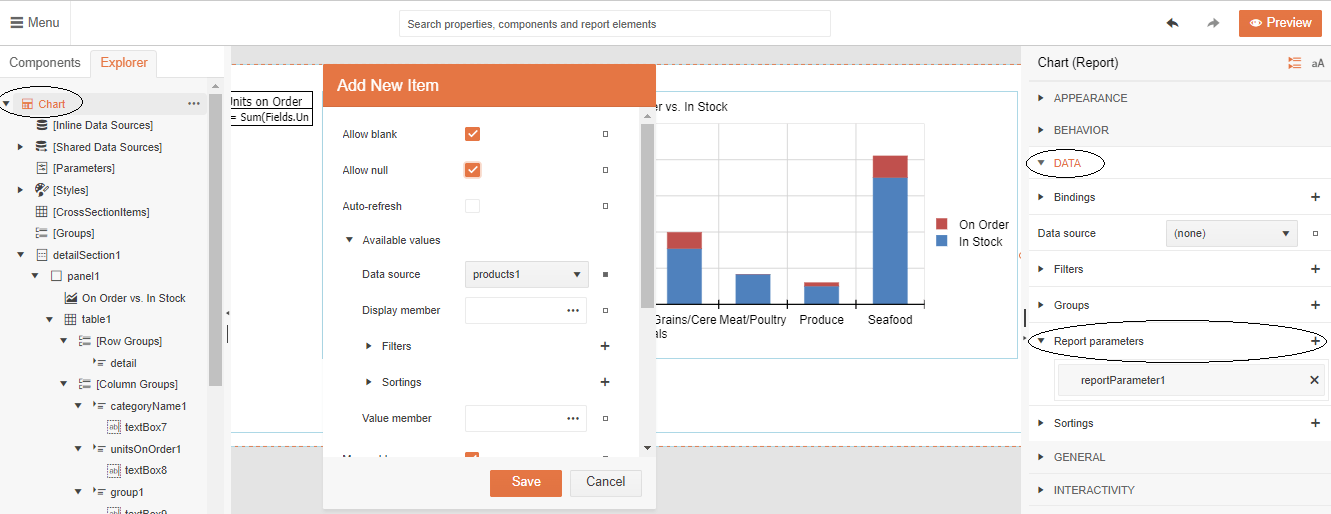 The Add New Item dialog displayed over the report designer. On the left panel, the Explorer tab is displayed with the Chart item highlighted and circled. The panel on the right is labeled “Chart (Report)” and has its Data section expanded (the header for the section is circled). Inside the Data section, the Report parameters item is circled. The Report parameters item is also expanded and contains a tile named reportParameter1.