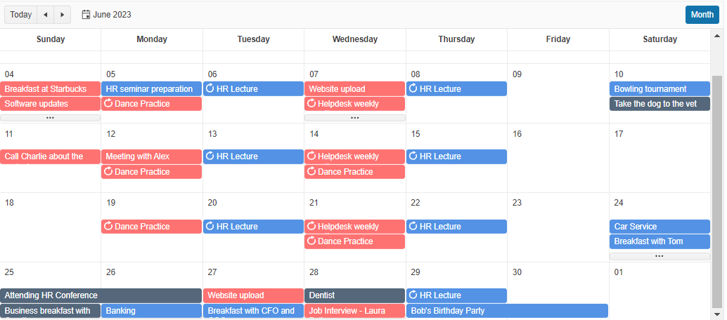 month view for June 2023 shows each day's events at a glance