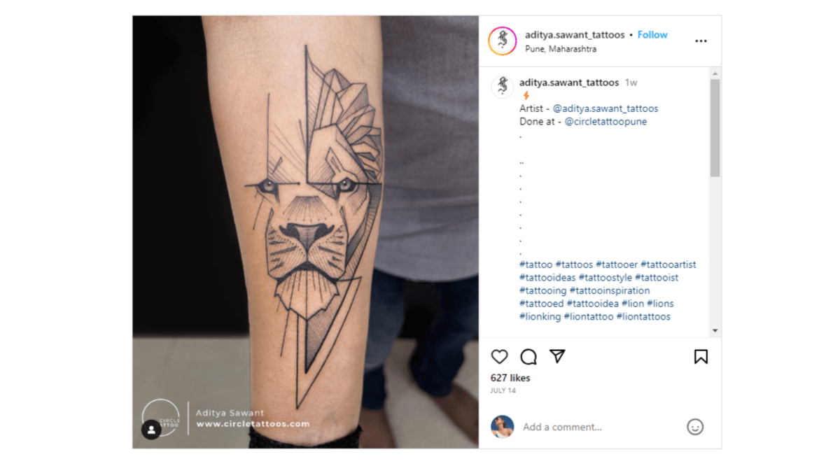 @aditya.sawant_tattoos geometry From the Instagram page of @aditya.sawant_tattoos. The tattoo is of a lion’s face. Only it’s mostly been created using geometric figures and lines.