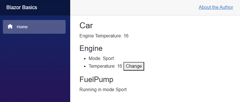 Blazor Web App - Screenshot A Blazor web application showing a Car component with an engine temperature of 16, an Engine component with a mode sport and a temperature of 16. There is a change button beside the temperature. A FuelPump component showing mode sport.