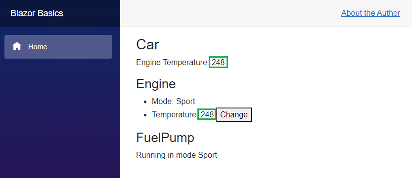 Blazor Web App - Screenshot A Blazor web application showing a Car component with an engine temperature of 248, an Engine component with a mode sport and a temperature of 248. There is a change button beside the temperature. A FuelPump component showing mode sport.