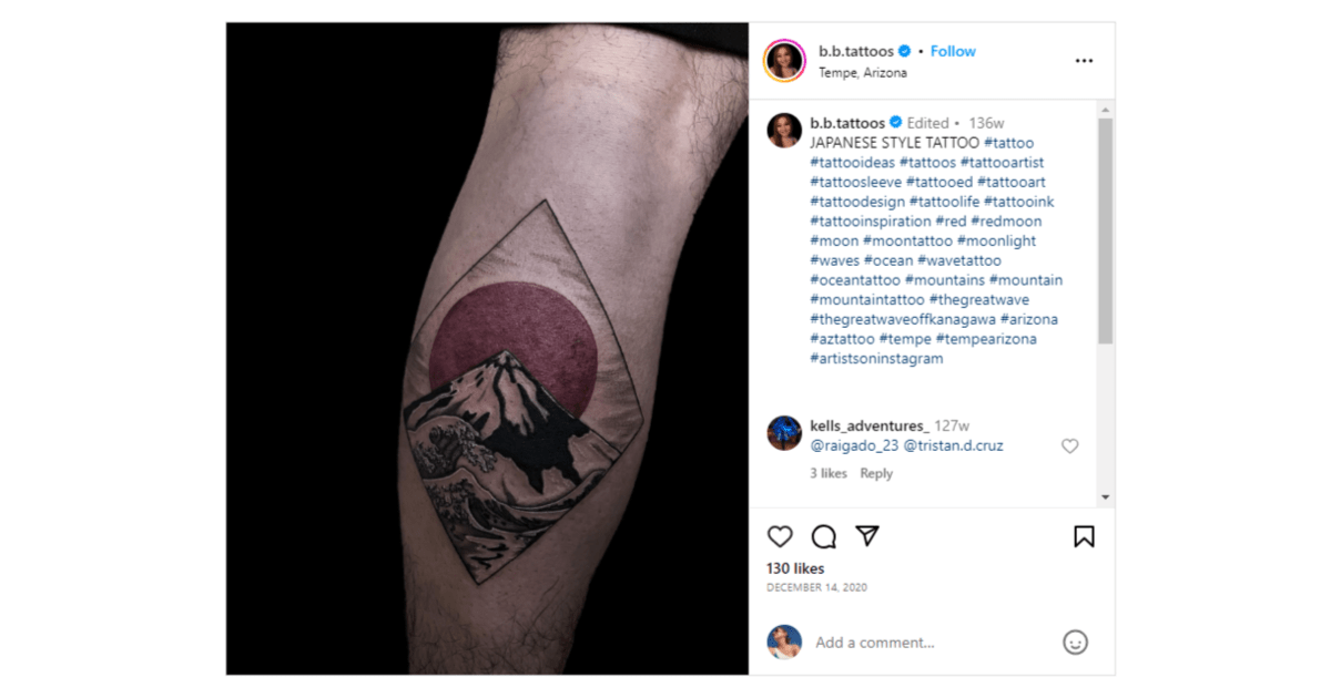 @b.b.tattoos geometry tattoo From the Instagram page for @b.b.tattoos. This is a Japanese-inspired tattoo of an ocean wave framed against a mountain which is also framed against a red sun. This image is contained within a rectangular shape.