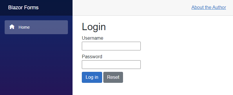 Blazor Forms Application A Blazor application showing a login page with a Login heading followed by an HTML form with a username and a password field.