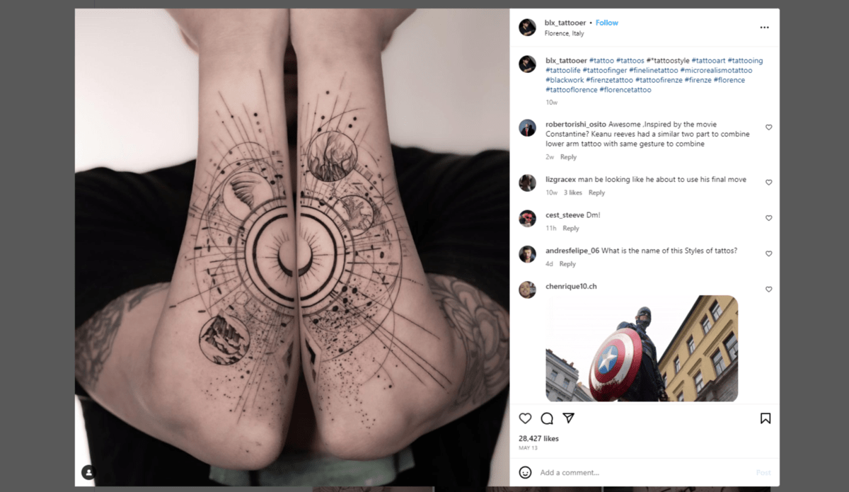 @blx_tattooer geometry tattoo From the Instagram page of @blx_tattooer. This tattoo has been drawn on both forearms. When brought together, they form a geometric depiction of space, with the sun and moon at the center and the four elements of earth, wind, fire, and water floating as planets in orbiting circles around it.