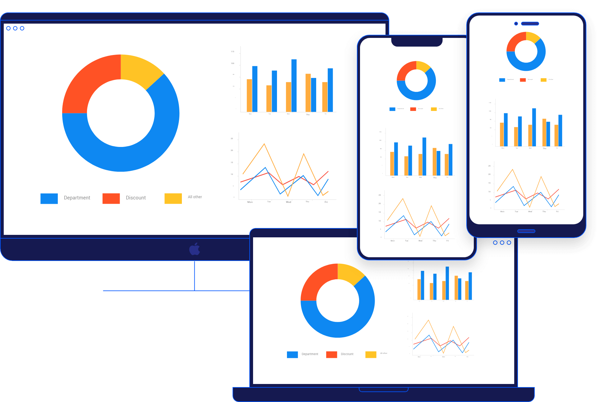 charts illustrated on desktop, laptop and mobile