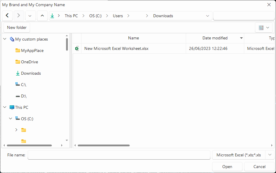 A customized file window Customization for a file dialog box