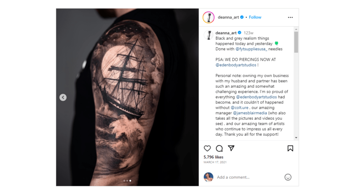 @deanna_art blackwork tattoo From @deanna_art on Instagram, we see a half-sleeve tattoo done all in black and grey. It’s of a massive sailboat in turbulent waters in the middle of the night.