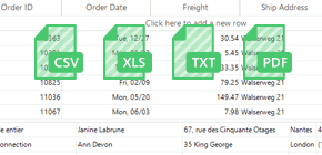 csv, xls, txt, pdf