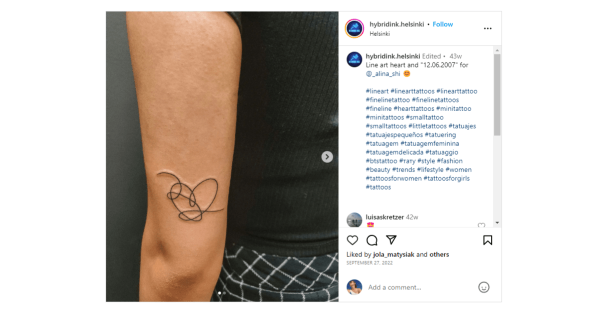@hybridink.helsinki line art From the Instagram page of @hybridink.helsinki, this is an example of line art tattoos. It’s a heart drawn using a single line.