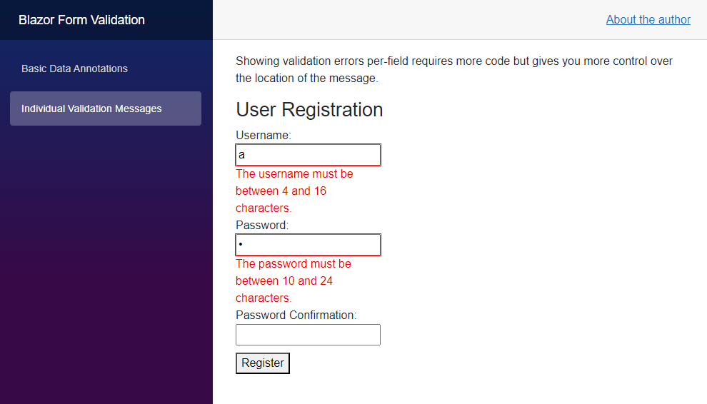 Blazor Form Validation: User Registration Form with individual validation messages. A Blazor form consisting of three input fields: username, password, password confirmation. Each validation message is shown below its field instead of using a centralized summary component.