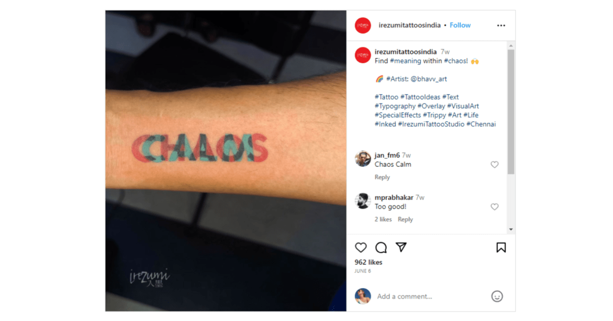 @irezumitattoosindia text tattoo A tattoo from the Instagram page called @irezumitattoosindia. The word “chaos” appears in all caps and red lettering. Behind it is the word “calm” in all caps and blue lettering.