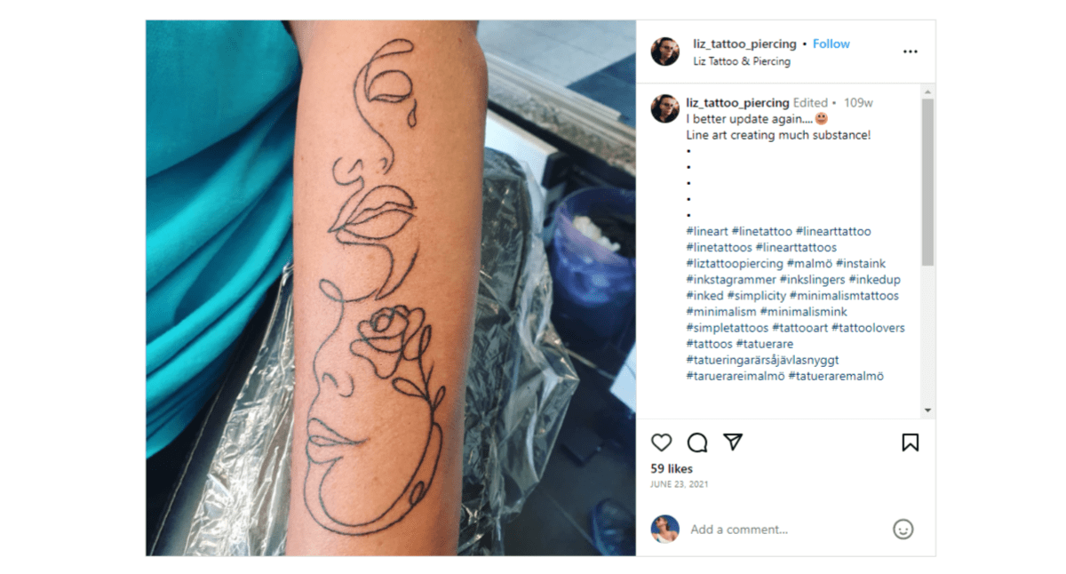 @liz_tattoo_piercing line art tattoo From the Instagram page of @liz_tattoo_piercing, this is a line art drawing of two faces. It’s a somewhat abstract drawing as one of the faces appears to have its eye created from a flower shape.
