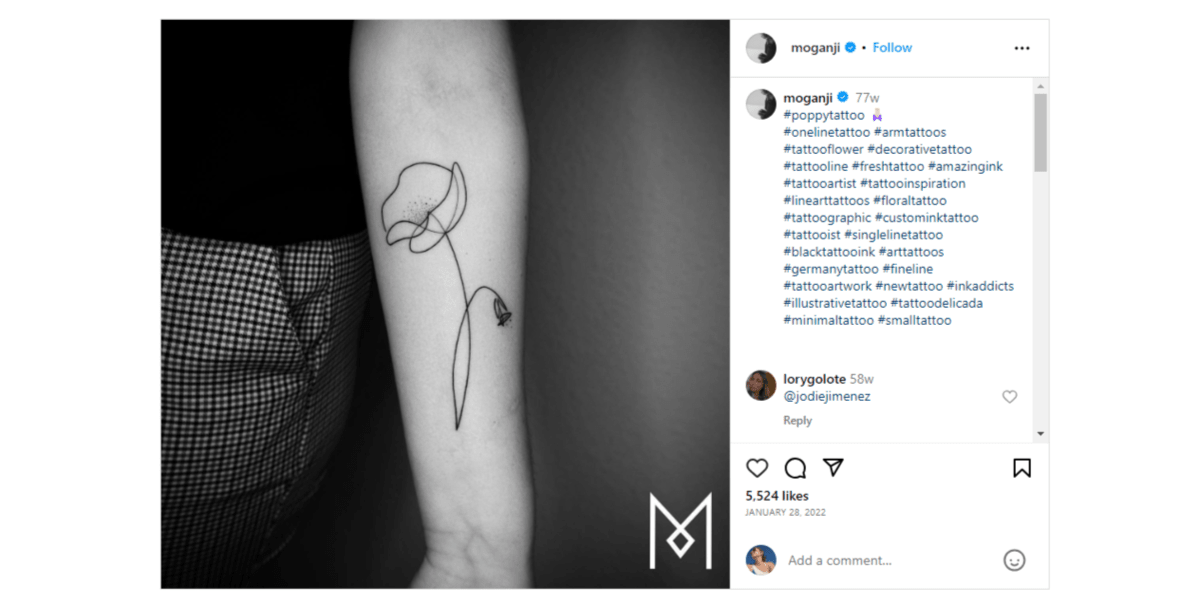 @moganji line art tattoo From the Instagram page of @moganji, this is a line art drawing of a poppy flower. The entire tattoo is made using a single line.