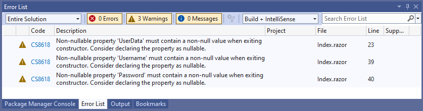Compiler Errors in Visual Studio The error list in Visual Studio showing three compiler warnings regarding nullable reference types.