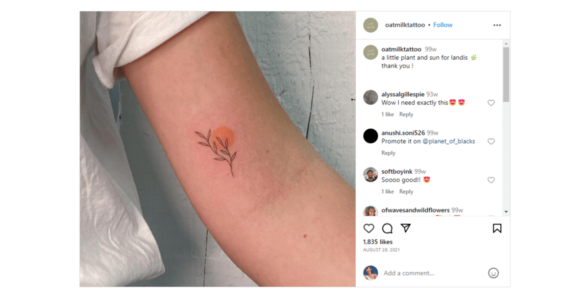 @oatmilktattoo Instagram tattoo The @oatmilktattoo Instagram page shows off a minimalist tattoo of a little plant and an orange-colored sun.