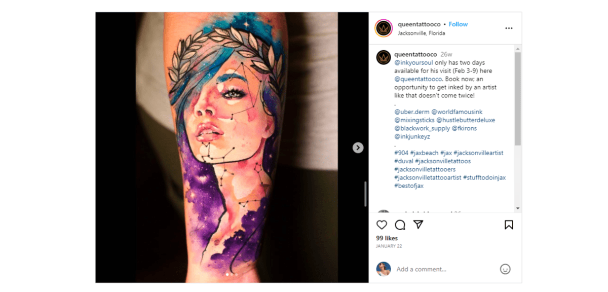 @queentattooco watercolor tattoo From the Instagram page of @queentattooco. The tattoo is of a beautiful woman wearing a Greek leaf crown. Rather than drawn in the lines of her hair, the artist used blue and purple watercoloring to create her hair.